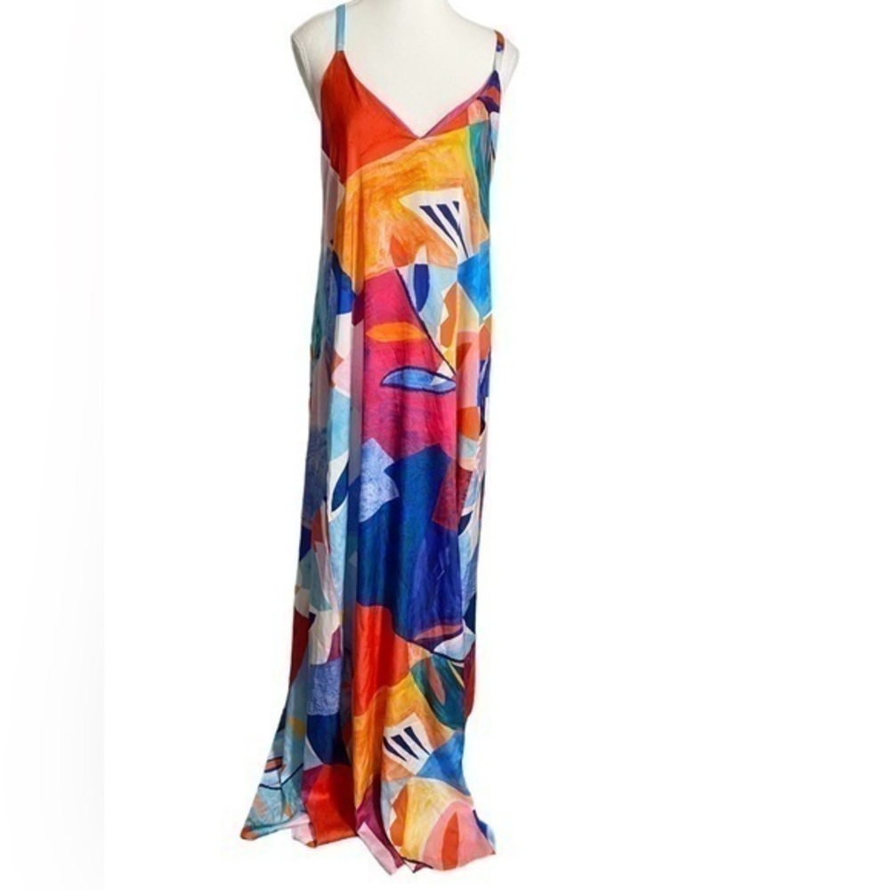 Nicole Miller Watercolor Mixed Print Satin Maxi Dress Pink Blue Plus Size 2X